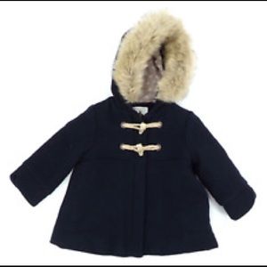 Zara baby zip front/toggle button closure, removable fur lined hood wool coat